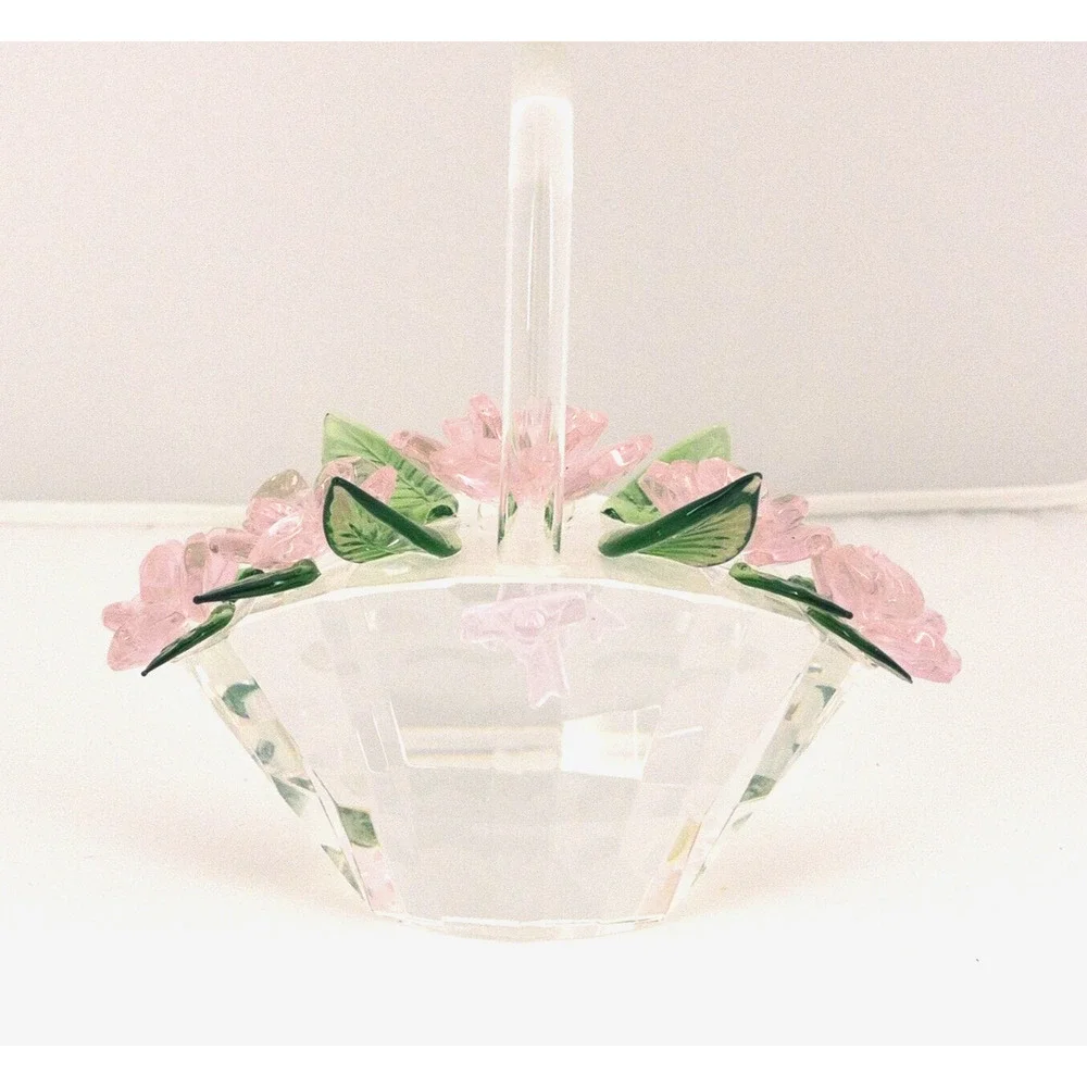 Sorelle Crystal Spring Basket of Flowers Pink Petals Green Leaves Bow 5 in Tall